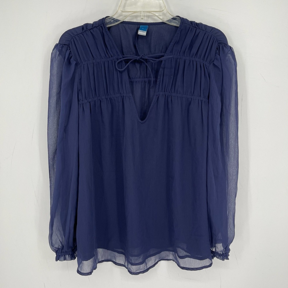 Old Navy Women's Blue Sheer Chiffon Pleated Long Sleeve Boho Top Blouse Size L